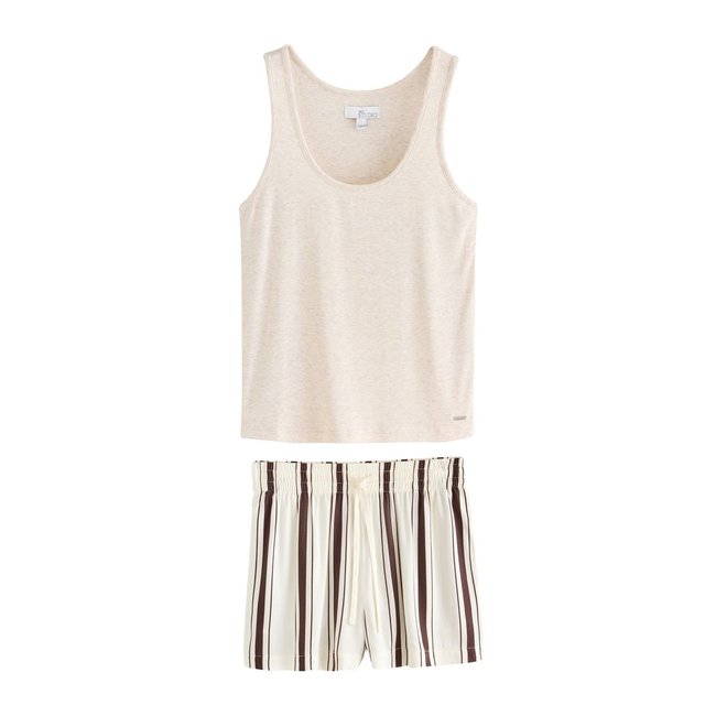 Pyjama short débardeur nageur côtelé rayures crème/marron chocolat <span itemprop=