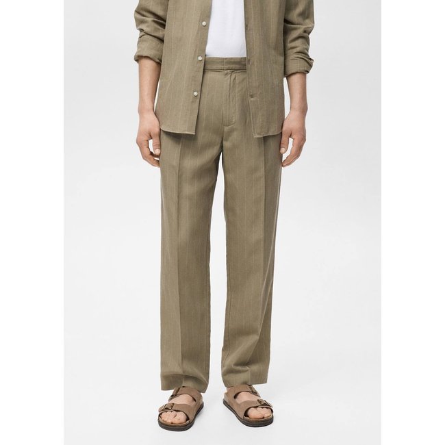 Pantalon lin fines rayures kaki <span itemprop=