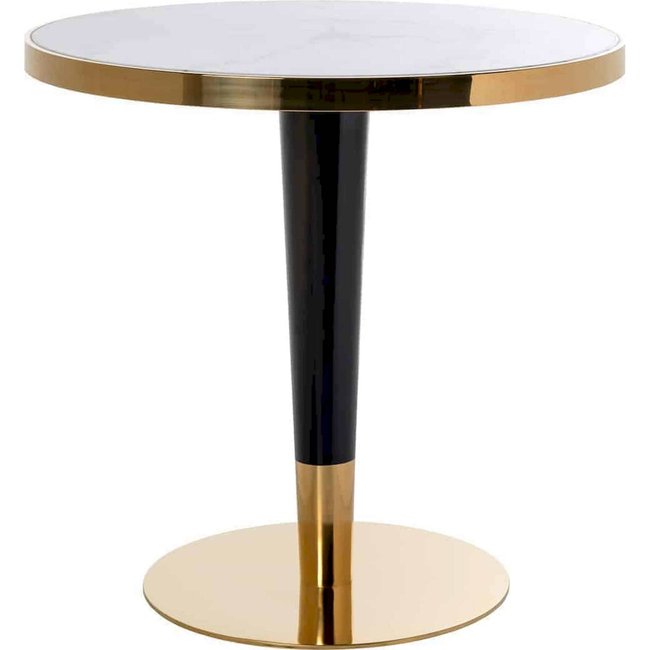 Table à dîner ronde en faux marbre, Osteria Couleur noir et blanc sur piètement or et noir <span itemprop=