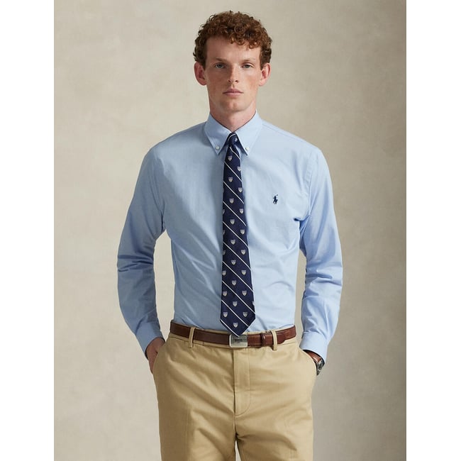 Chemise Custom Fit en popeline stretch bleu/blanc <span itemprop=
