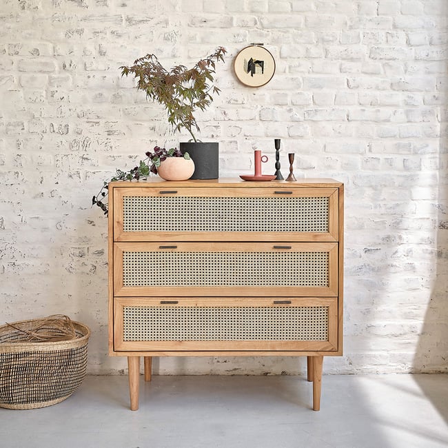 Commode en bois massif et cannage 100 cm  ALBA Couleur naturel <span itemprop=