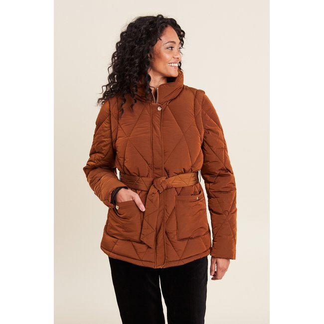 Doudoune cintrée ceinturée marron <span itemprop=