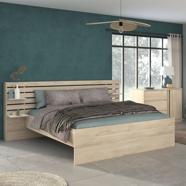 Lit adulte  avec tête de lit - CLEM Couleur bois naturel <span itemprop=
