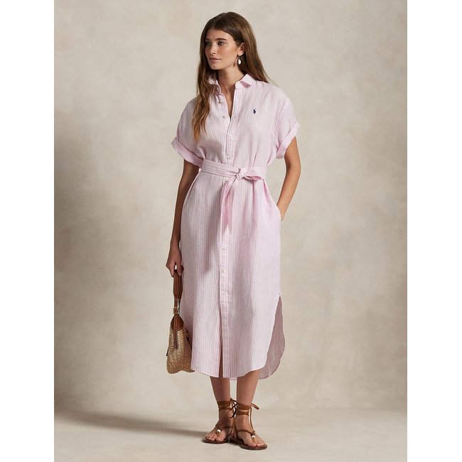 Robe chemise midi en lin rayé, manches courtes rose/blanc <span itemprop=