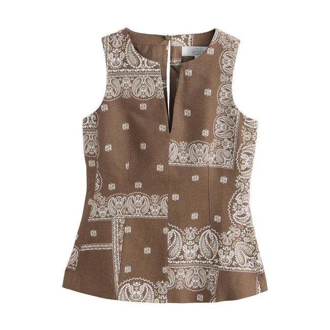 Top à basque en lin motif foulard marron chocolat <span itemprop=