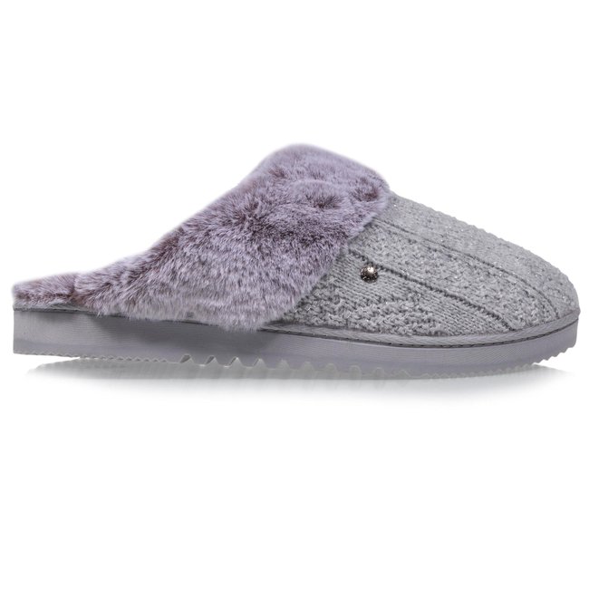 Chaussons Mules ultra confortables, bordure en imitation fourrure gris <span itemprop=