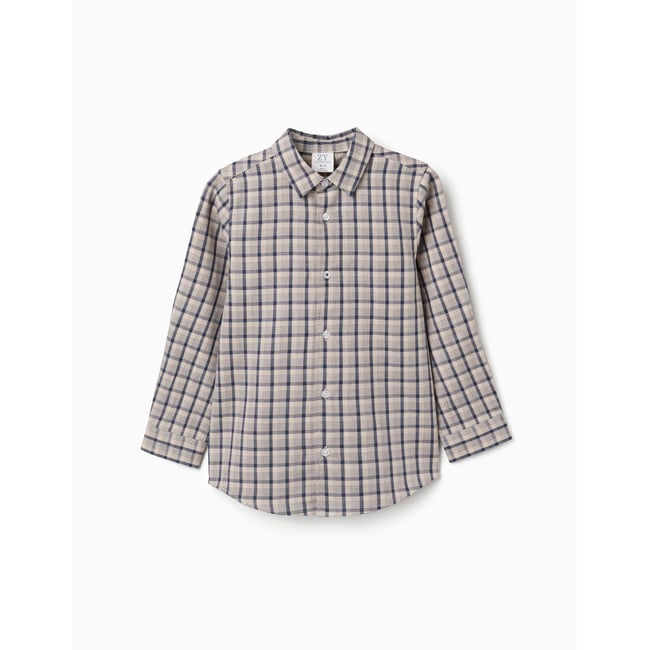 Chemise en coton à manches longues et motif à carreaux bleu foncé <span itemprop=