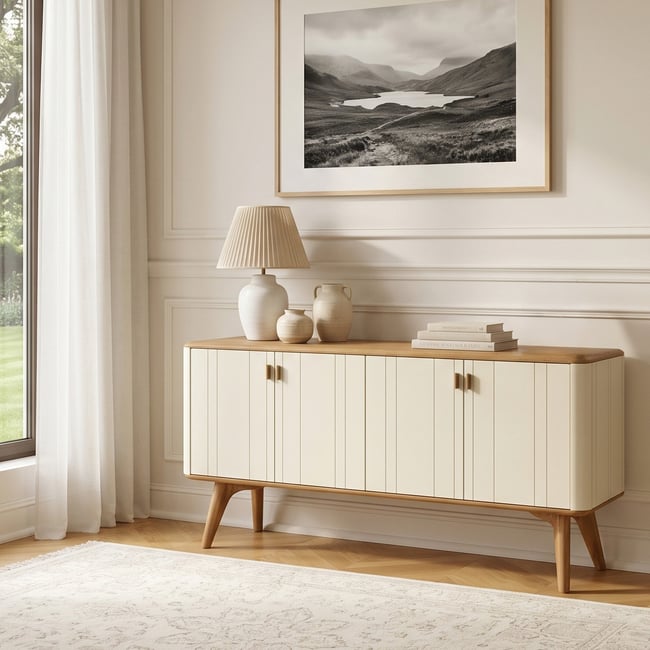 Buffet style contemporain, plateau en chêne, 4 portes KYOTO Couleur blanc <span itemprop=