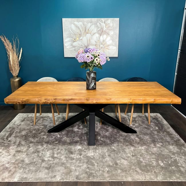 Table de repas bois métal style contemporain plateau teck 280x110cm pied central métal mikado TIMOR Couleur bois naturel <span itemprop=