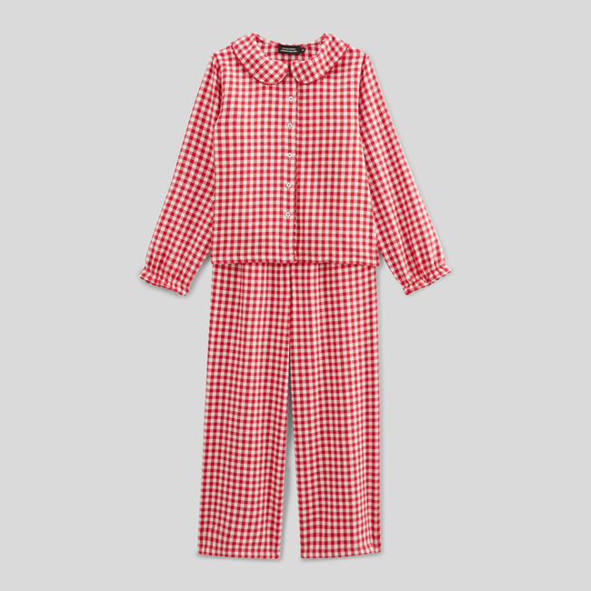 Pyjama manches longues col claudine à carreaux en coton rouge <span itemprop=