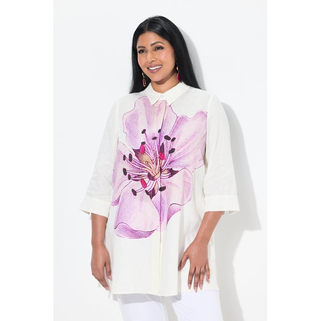 Blouse en lin, fleurs, coupe trapèze mauve <span itemprop=