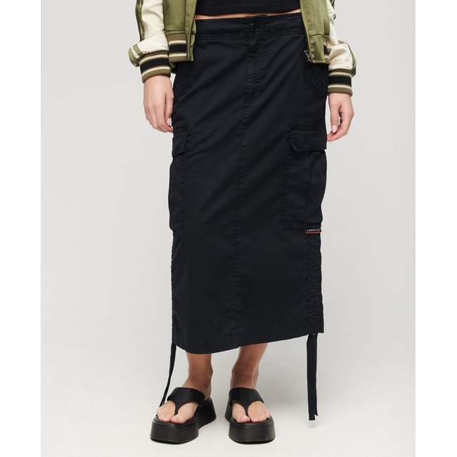 Jupe mi-longue cargo noir délavé <span itemprop=