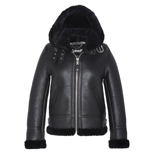Blouson bombardier B-3 à capuche, cuir de mouton noir <span itemprop=