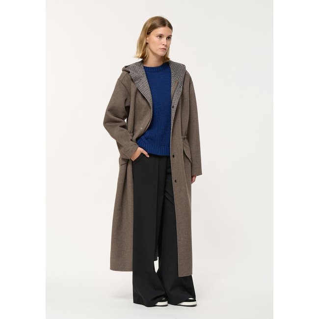 Manteau parka longue double face en laine taupe <span itemprop=