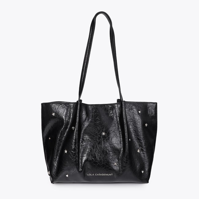 Cabas à clous étoiles et rivets noir vernis <span itemprop=