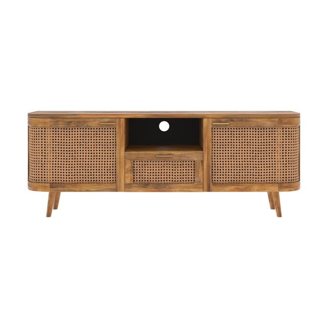 Meuble TV en bois de manguier et cannage 145 cm - WAVA Couleur marron clair <span itemprop=