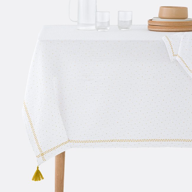 Nappe gaze de coton, Kumla étoiles brodées blanc doré <span itemprop=
