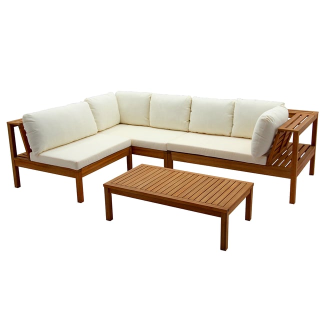 Salon de jardin d'angle 6 places en bois massif avec coussins déhoussables taupe BELIZE blanc <span itemprop=