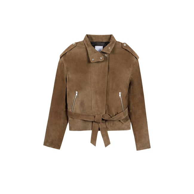Blouson cuir velours à ceinturer marron noisette <span itemprop=