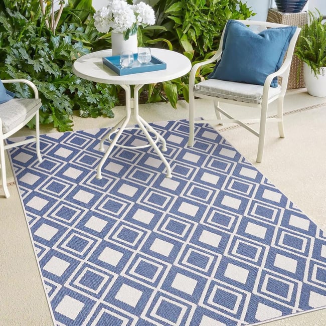 Tapis extérieur, kilim reversible LYN2 Y REVERSIBLE Couleur bleu, écru <span itemprop=