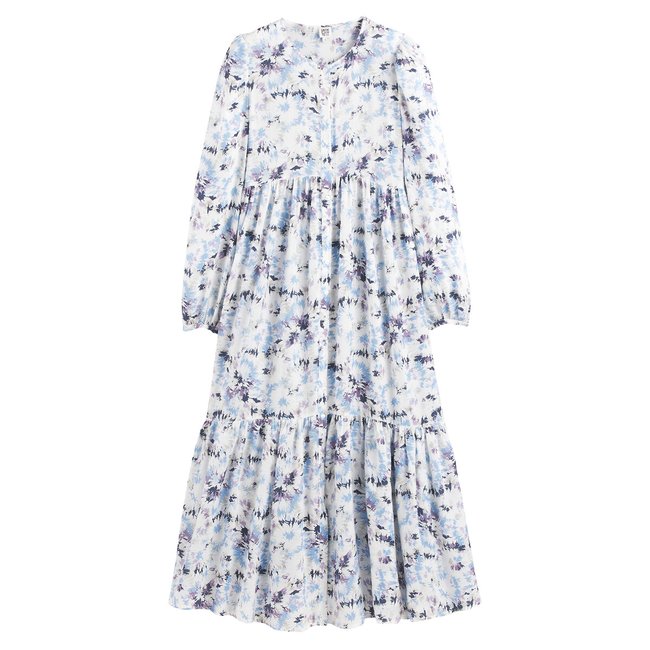 Robe évasée maxi longue, manches longues ballons  imprimé fond bleu <span itemprop=