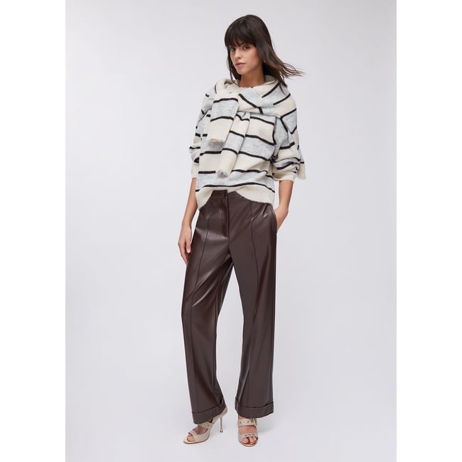 Pull à rayures en laine et alpaga gris et beige <span itemprop=