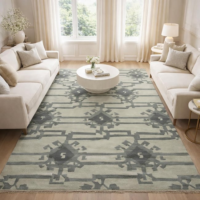 Tapis kilim fait main en laine motif abstrait KMESAR Couleur gris <span itemprop=