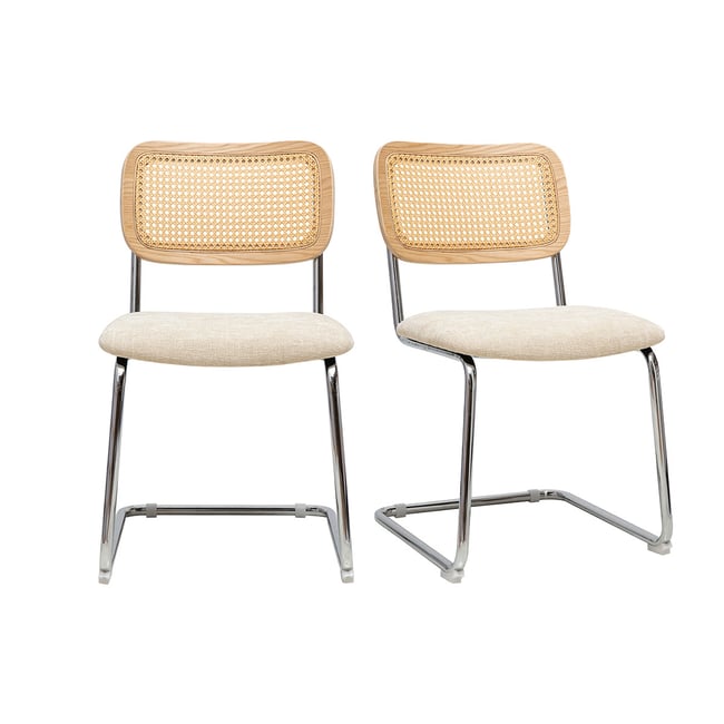 Chaises design en tissu effet velours texturé beige, métal chromé et cannage rotin (lot de 2) ELECTRA Couleur beige <span itemprop=
