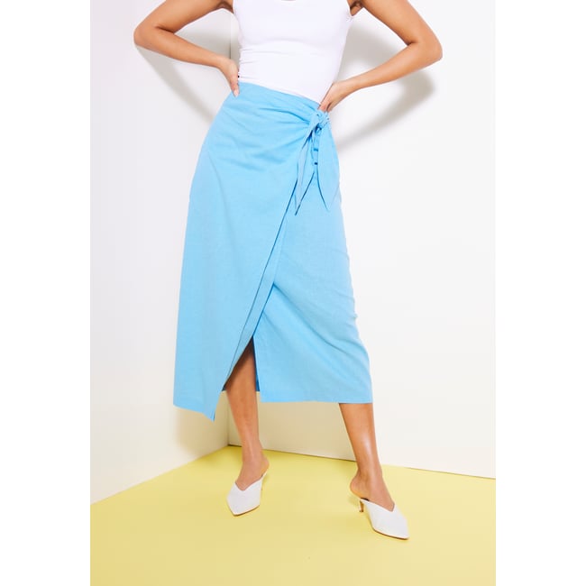 Jupe portefeuille mélange lin Climatyl bleu céruléen <span itemprop=