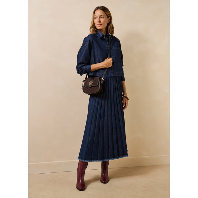 Jupe longue plissée en jean brut <span itemprop=
