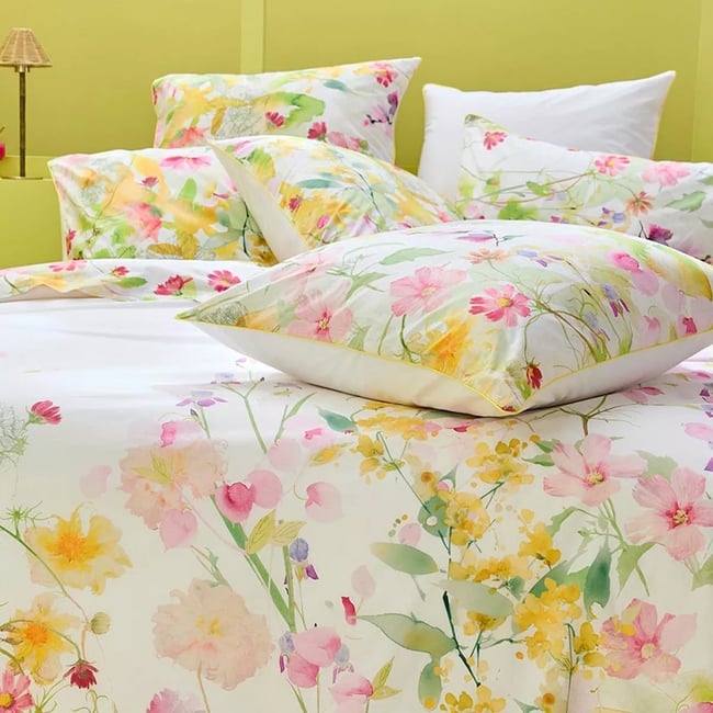 Taie d'oreiller percale de coton lavé SOUFFLE FLEURI printemps <span itemprop=