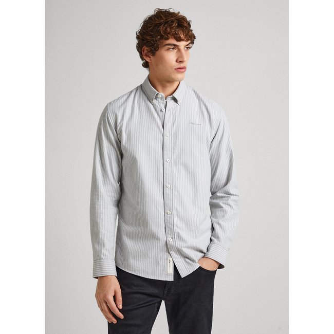 Camisa recta de rayas, con cuello abotonado azul/verde <span itemprop=