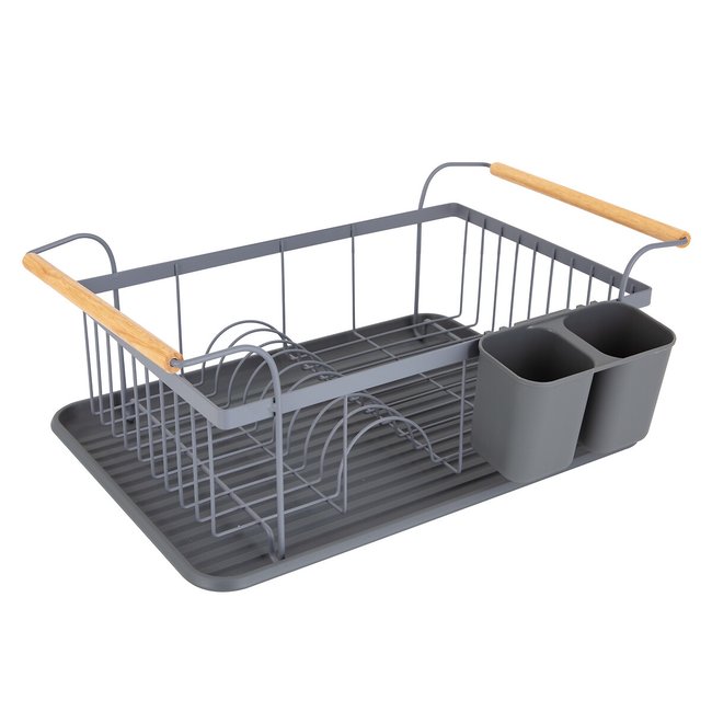 Scandi Dish Rack with Wooden Detail, grey, TOWER