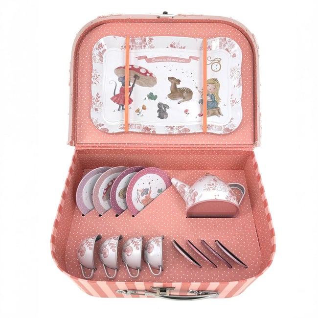 Dinette Charlie   en métal et sa valisette cartonnée rose <span itemprop=
