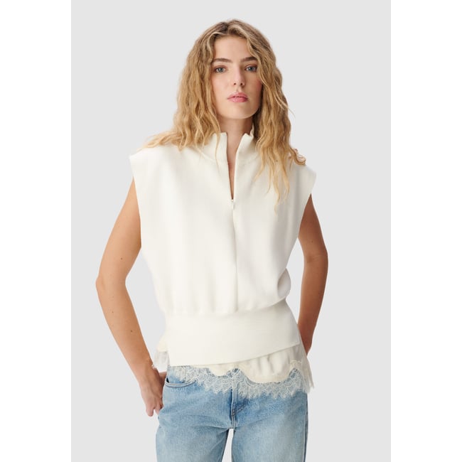 Pull sans manches tricot col camionneur blanc cassé <span itemprop=