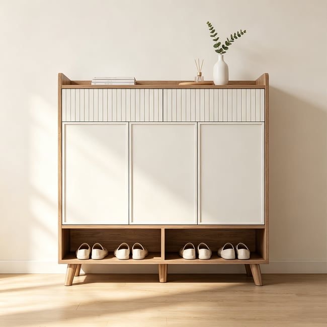 Meuble à chaussures 3 portes 2 niches et 2 tiroirs  ,MELVINI Couleur noyer <span itemprop=