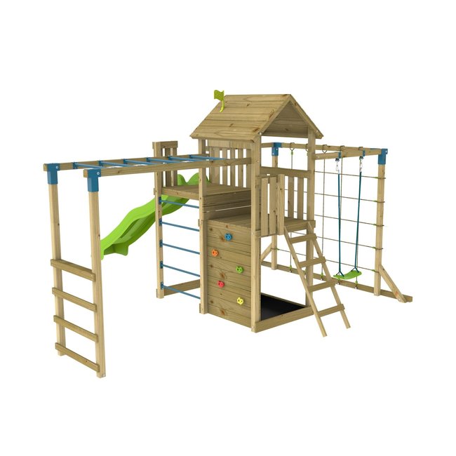 Aire de jeux XXL double plateforme TILLEUL marron - bleu - vert <span itemprop=