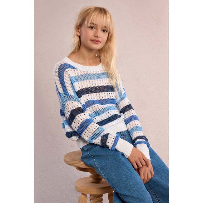 Pull rayé, maille ajourée bleu <span itemprop=