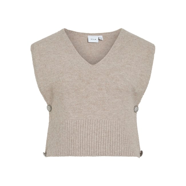 Pull court sans manches, col V beige <span itemprop=