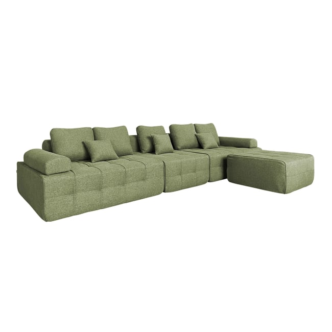 Canapé modulable compressé 5 places en tissu avec pouf et coussins, SNUGGY - OVIALA