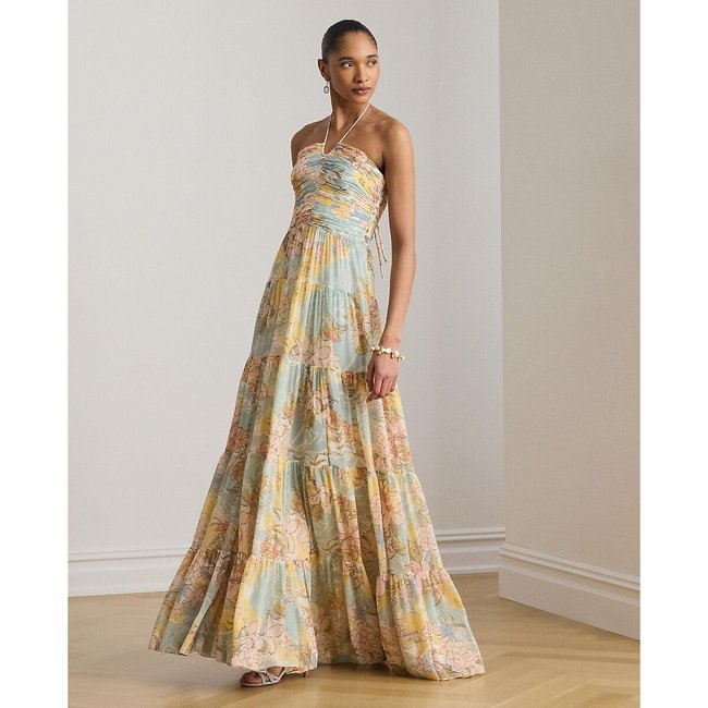 Robe bustier longue imprimé floral cérémonie  imprimé écru <span itemprop=