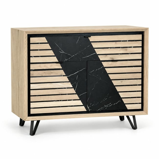 Buffet 2 portes chêne blanc décor graphique ESSEN Couleur chêne blanc <span itemprop=