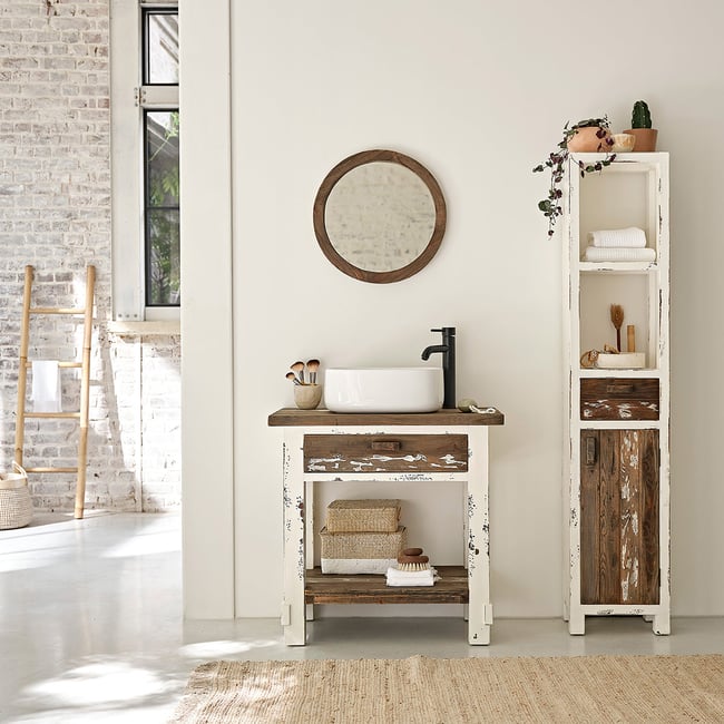 Meuble de salle de bain en bois recyclé 80 cm  SEZANNE Couleur blanc <span itemprop=