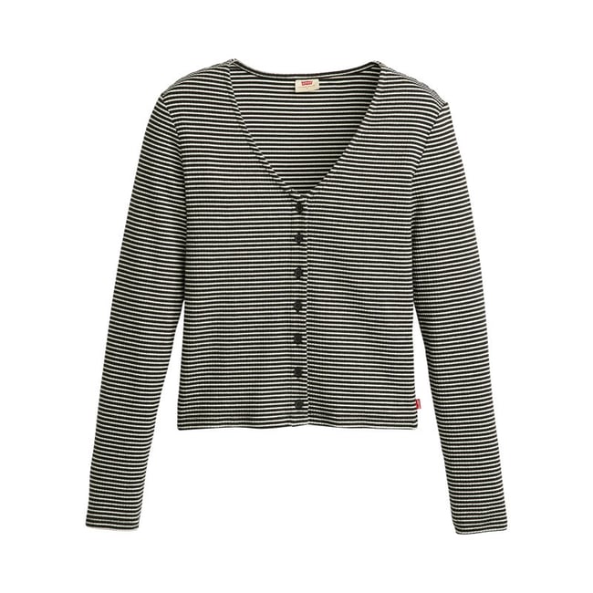 Gilet en coton noir et écru rayé avec un col v et des manches longues noir et écru <span itemprop=