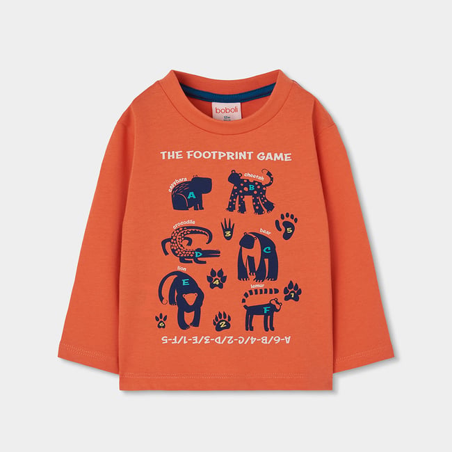 T-shirt garçon maille imprimé animaux orange <span itemprop=