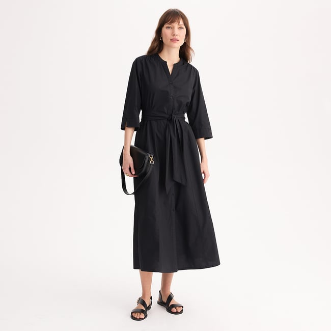 Robe longue évasée en coton, manches 3/4 noir <span itemprop=