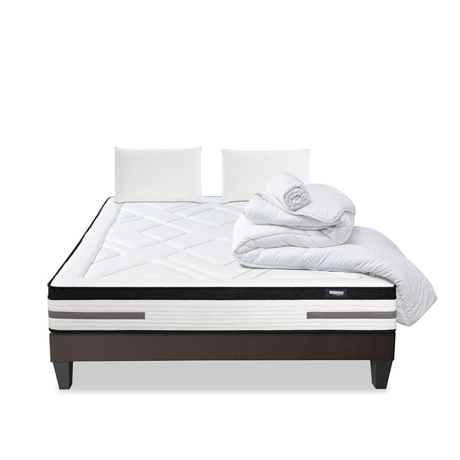 Pack Bellevue 90x200 cm Matelas Ressorts ensachés + Sommier Bois + Accessoires Couleur blanc <span itemprop=