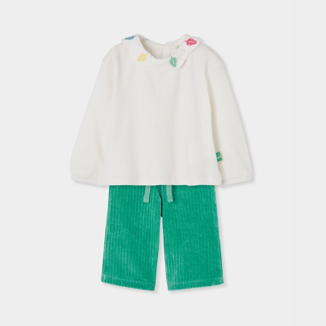 Ensemble bébé fille en maille brodé feuilles blanc <span itemprop=