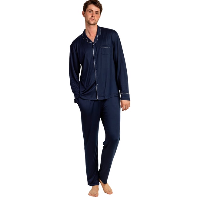 Pyjama pantalon chemise manches longues Luxury Pearl bleu marine <span itemprop=