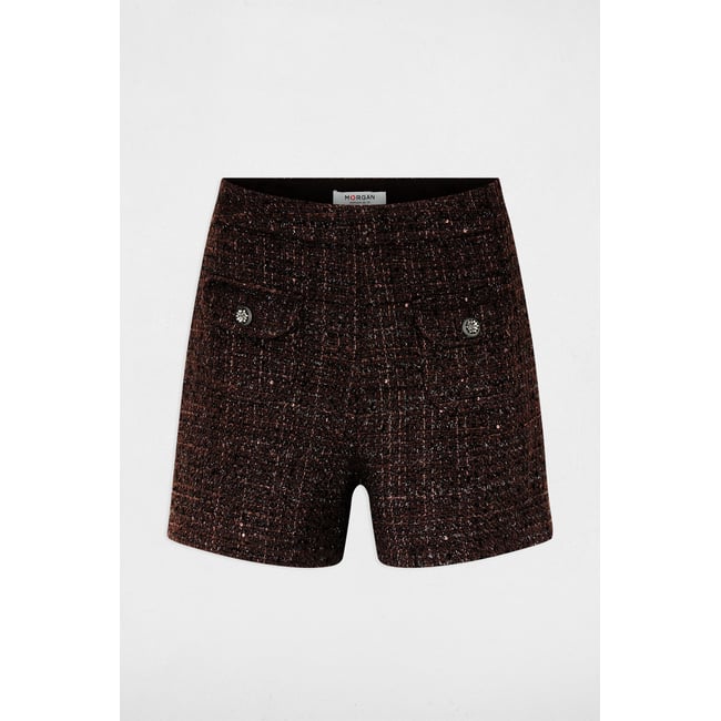 Short tweed taille haute marron foncé <span itemprop=